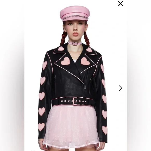 NWOT Sugar Thrillz Moto Jacket with Puffy Pink Heart Accents - Picture 9 of 9
